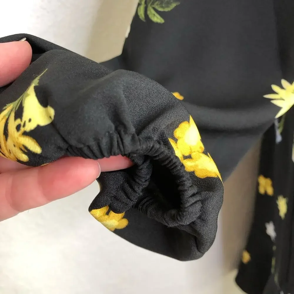 Ann Taylor Factory black yellow white floral long sleeve dress size Medium
